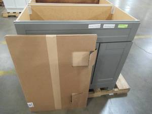 lot 221 image: Style Selections Gladmere 36.5-in Graphite Single Sink Bathroom Vanity Cabinet (Mirror Included) C43P36M-SS - Scratch and Dent, No Top.