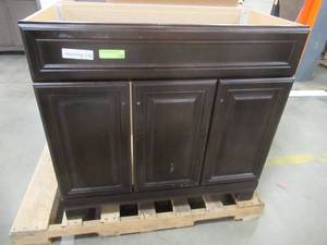 lot 222 image: Style Selections Gladmere Java Single Sink Vanity Cabinet 36-in x 19-in, CWK836-SS - Scratch and Dent, No Top.