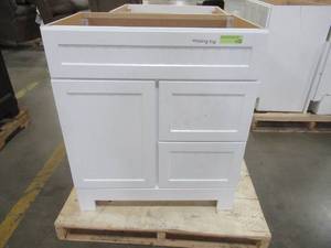 lot 224 image: Style Selections Ellenbee 30.5-in White Single Sink Bathroom Vanity Cabinet C21130D-SS - Scratch and Dent, No Top.