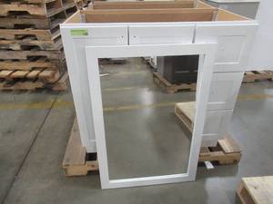 lot 225 image: Style Selections 36.5-in White Single Sink Bathroom Vanity Cabinet and mirror C50136M-SS - Scratch and Dent, No Top.