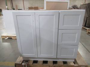 lot 226 image: Style Selections 36.5-in White Single Sink Bathroom Vanity Cabinet C50136M-SS - Scratch and Dent, No Top.
