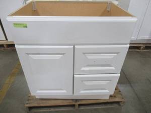 lot 228 image: Project Source 30-in White Bathroom Vanity Cabinet V38131-PS - Scratch and Dent - Toe Kick is damaged.