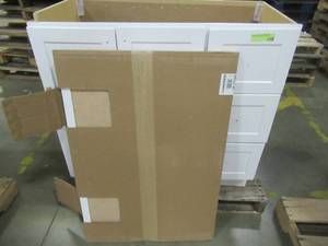 lot 229 image: Style Selections 36.5-in White Single Sink Bathroom Vanity Cabinet and mirror C50136M-SS - Scratch and Dent, Loose frame.