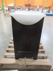 lot 232 image: Style Selections Euro 19-in Espresso Single Sink Bathroom Vanity with White Cultured Marble Top CE29E18-SS - Scratch and Dent, Cracked Door.