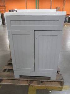 lot 237 image: Style Selections Ellenbee 24.5-in Gray Single Sink Bathroom Vanity with White Cultured Marble Top C21J24-SS - Scratch and Dent, Cracked LH Side Panel.
