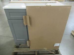 lot 238 image: Style Selections Gladmere 36.5-in Graphite Single Sink Bathroom Vanity with White Cultured Marble Top (Mirror Included) C43P36M-SS - Scratch and Dent, Drawers off Glides.