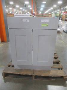 lot 239 image: Project Source 24-in Gray Single Sink Bathroom Vanity Cabinet, R39VBCU2418 - Scratch and Dent, No Top.