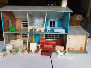 1940s-50s Tin Colonial Doll House with vintage furniture And Dolls & swing set