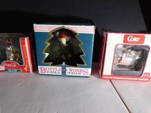 3 Coca-Cola Ornaments 1995 bottle Works,2003 Pearlescent porclean, & Chrome Plated