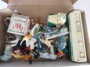 Box of Assorted Animal Nic Nacs and Hess Semi Truck