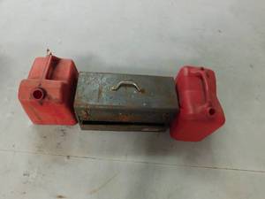 Tool box with Tools and misc. and 2 Gas cans