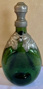Green Glass Bottle with Metal Accents from Denmark
