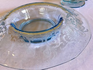 Vintage Fostoria Versailles Blue Oval Centerpiece and Matching Candle Holder.