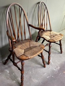 Two Vintage Brace Back Windsor Chairs w Rush Seating