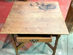 Antique Oak 1880s Square Table w Drawer