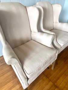 Pair of Ivory Upholstered High Back Vintage Chairs