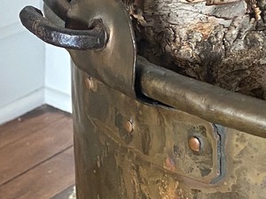 Large Decorative Vintage Brass Pail with Firewood