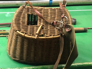 Three Fishing Rods, Net and Bait Basket