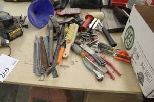 lot 269 image: Hand Tools - Files, Pliers, Screwdrivers, Pry Bar, Funnel, Chain Tightener, Chisels, Mallet, Misc. Hand Tools