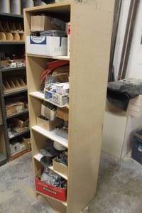 lot 412 image: 19x18x73 Wood Shelving Unit, Hardware
