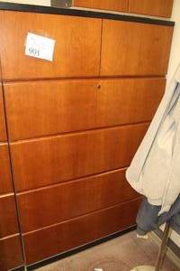 lot 901 image: 4-Drawer Metal Lateral File Cabinet with 2-Door Storage Top, Cherry Wood Drawer Fronts and Doors