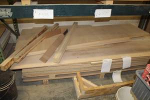 lot 574 image: Stacked Lumber - Maple Plywood, Maple Melamine, Particle Board, MDF, Wheat Board, Plywood, White Melamine 2-side
