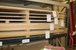 lot 575 image: Stacked Lumber - White Melamine 2-side, Maple Plywood, Oak Plywood 2-side, Almond Melamine 2-side, Black Melamine 2-side, Plywood, Bending Stock, Maple Melamine 2-side, Maple Plywood