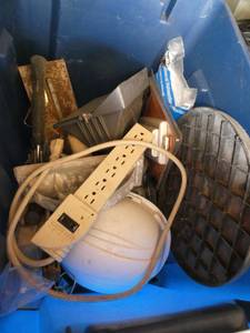 Tote of painter tools, light, hard hat, outlet strip etc