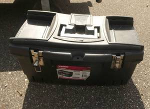 Husky tool box with various tools, including 2 FatMax tape measures