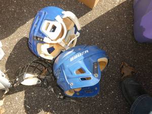 Hockey helmets, net and shoulder pads