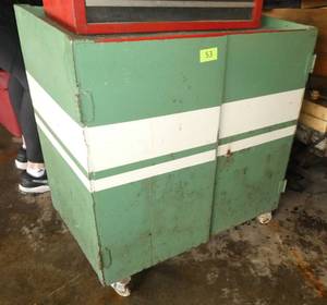 Metal tool chest with a chain fall, vise, saw - about 38 tall