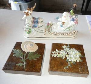 Two tin pictures and ceramic Santa with sleigh and reindeer