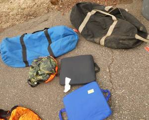 Group of 3 large duffle bags, and 3 seat cushions