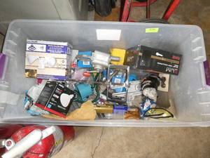 tote of misc supplies, lights