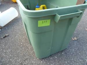 Tote of nails, staples, chalk, oil, square, lag screws, light fixture