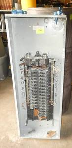 Large 200A electrical panel full of breakers most are 20A