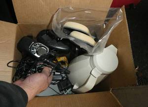 Box of misc including walkie talkies, coffee pitcher and heater