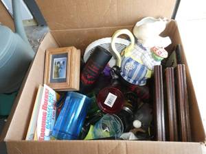 Large box of mugs, pig pitcher, and various home dcor