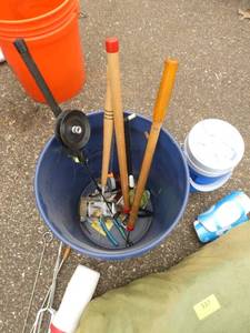 Ice fishing poles, pup tent, cooler