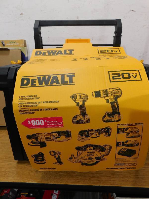 lot 1 image: NEW- DEWALT 20-Volt MAX Cordless Combo Kit (7-Tool) with ToughSystem Case, (1) 20-Volt 4.0Ah Battery & (2) 20-Volt 2.0Ah Batteries
