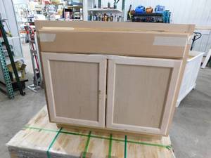 lot 30 image: Hampton Bay Hampton Unfinished Recessed Panel Stock Assembled Base Kitchen Cabinet (36 in. x 34.5 in. x 24 in.)