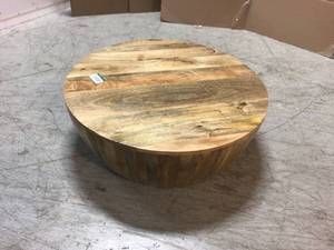 lot 103 image: Goa 36 in. Natural Medium Round Wood Coffee Table by Poly and Bark Customer Returns See Pictures