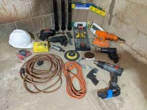 All the Tools You Need- Heat Guns, Hard Hat, 3 Mag Lights, Extension Chords, Sander, And More