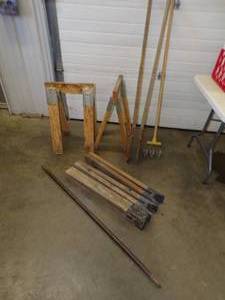 lot 56 image: Sawhorses, Post Hole Digger, Weeder, Pry bar