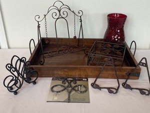 lot 195 image: Decorative Wooden Tray w Handles, Book Holder & More