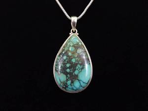 .925 Sterling Silver LARGE&nbspKingman&nbspTurquoise Black Web Cabochon Pendant Necklace
