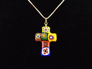 .925 Sterling Silver Murano Millefiori Vermeil Cross Pendant Necklace