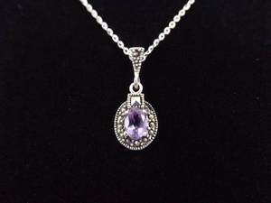 .925 Sterling Silver Art Nouveau Oval Cut Amethyst Pendant Necklace