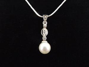 .925 Sterling Silver Art Nouveau Faux Pearl Pendant Necklace