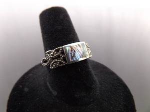 .925 Sterling Silver Art Nouveau Inlayed Abalone Ring Size 7.75